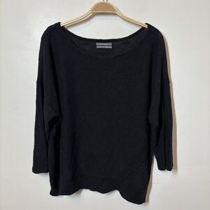 Anthropologie Sweater Knit Linen Blend 3/4 Sleeve‎ Black Scoop Neck L